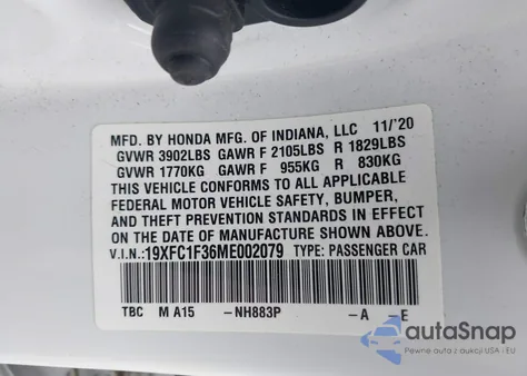 2021 Honda Civic Ex z USA, uszkodzony, nr VIN 19XFC1F36ME002079